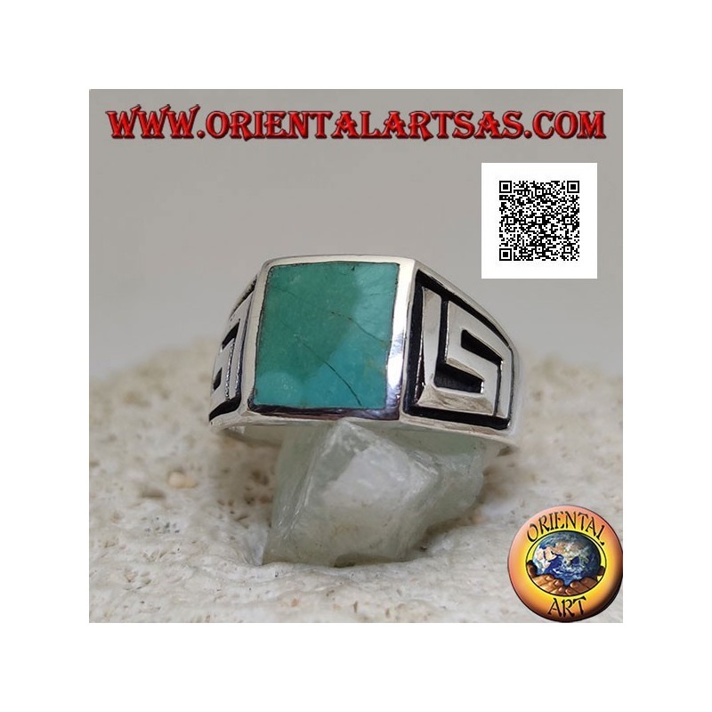 Anillo de plata con turquesa cuadrada natural y laberinto en los laterales (30)