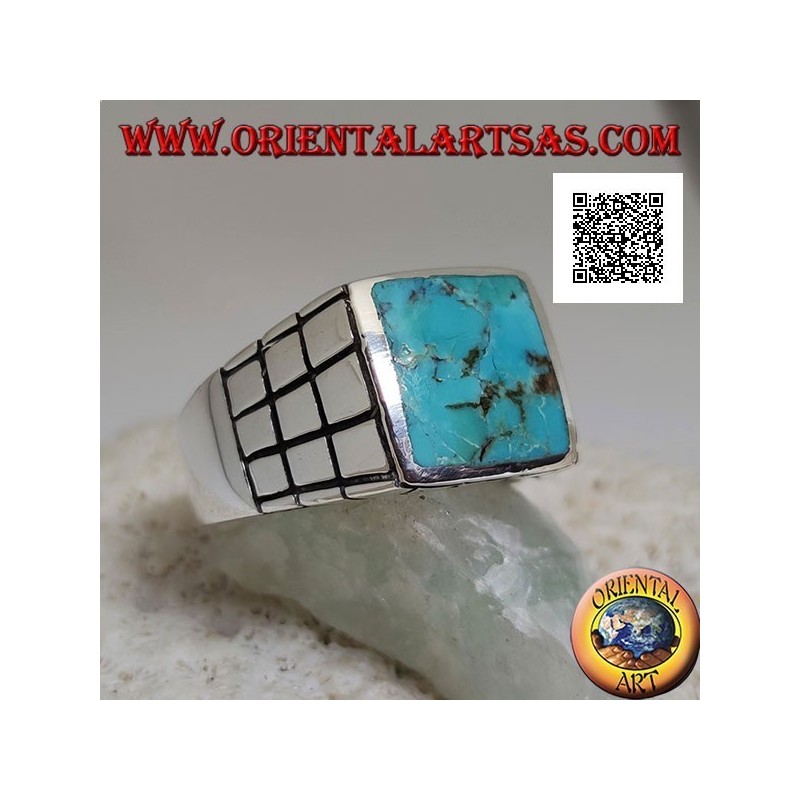 Silver ring with rectangular natural turquoise and small squares on the sides (22)