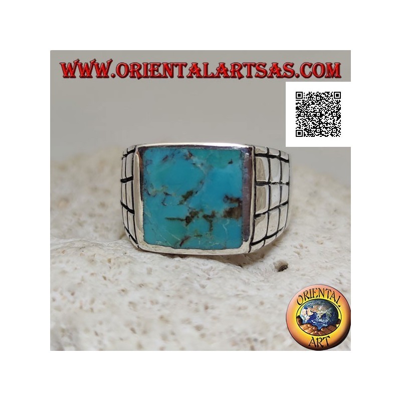 Anello in argento con turchese naturale rettangolare e quadretti sui lati (22)