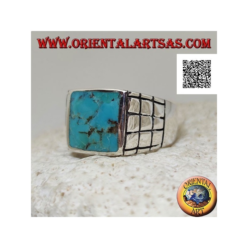 Anello in argento con turchese naturale rettangolare e quadretti sui lati (22)