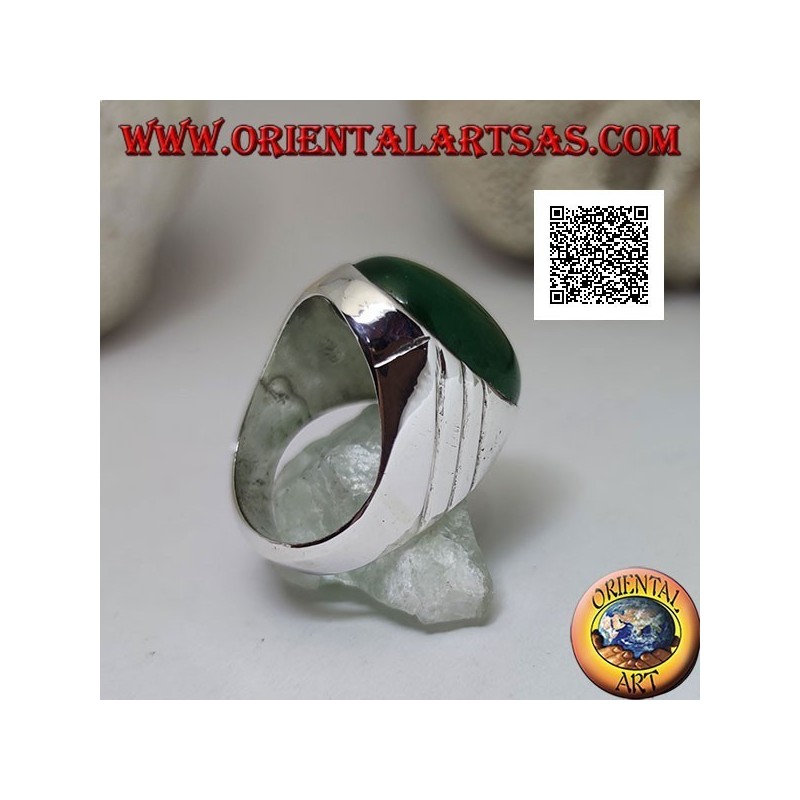 Silver ring with large cabochon oval green agate and three oblique lines engraved on the sides