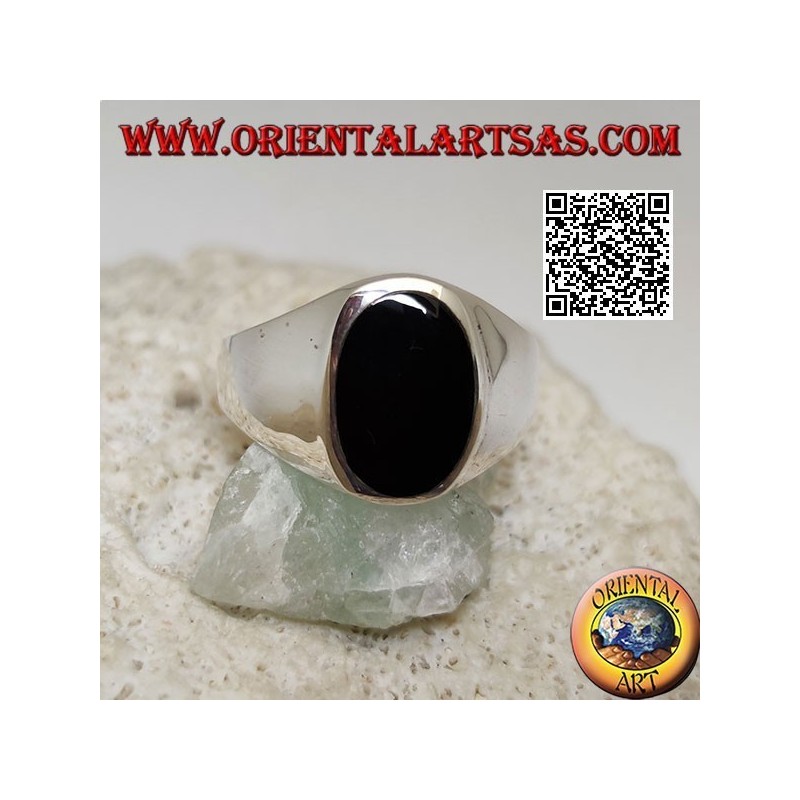 Silver ring with flat oval onyx flush with the edge