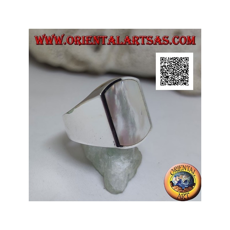 Silver ring with rectangular mother-of-pearl curved on two sides flush with the edge on a smooth setting