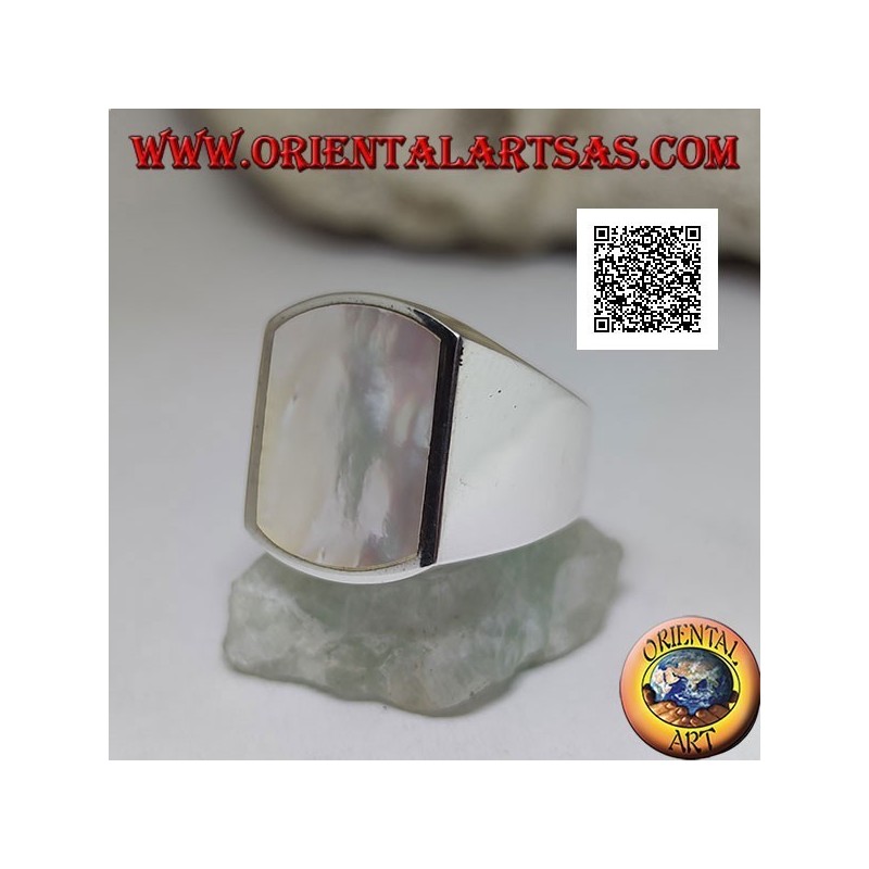 Silver ring with rectangular mother-of-pearl curved on two sides flush with the edge on a smooth setting