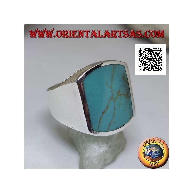 Silver ring with curved rectangular turquoise on two sides flush with the edge on a smooth setting
