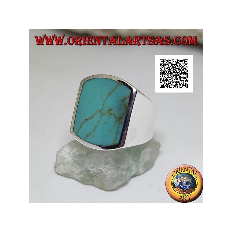 Silver ring with curved rectangular turquoise on two sides flush with the edge on a smooth setting