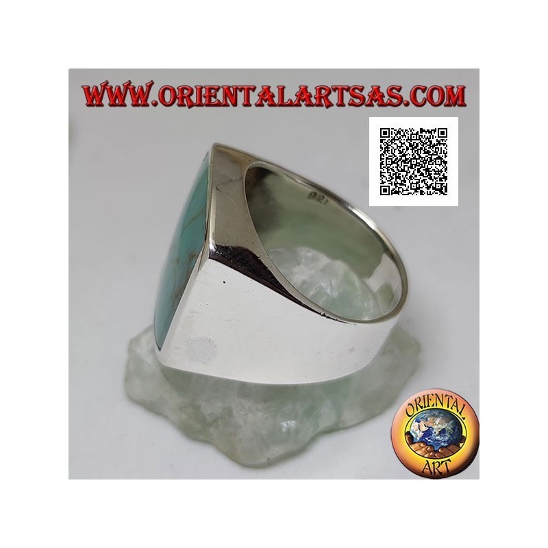 Silver ring with curved rectangular turquoise on two sides flush with the edge on a smooth setting
