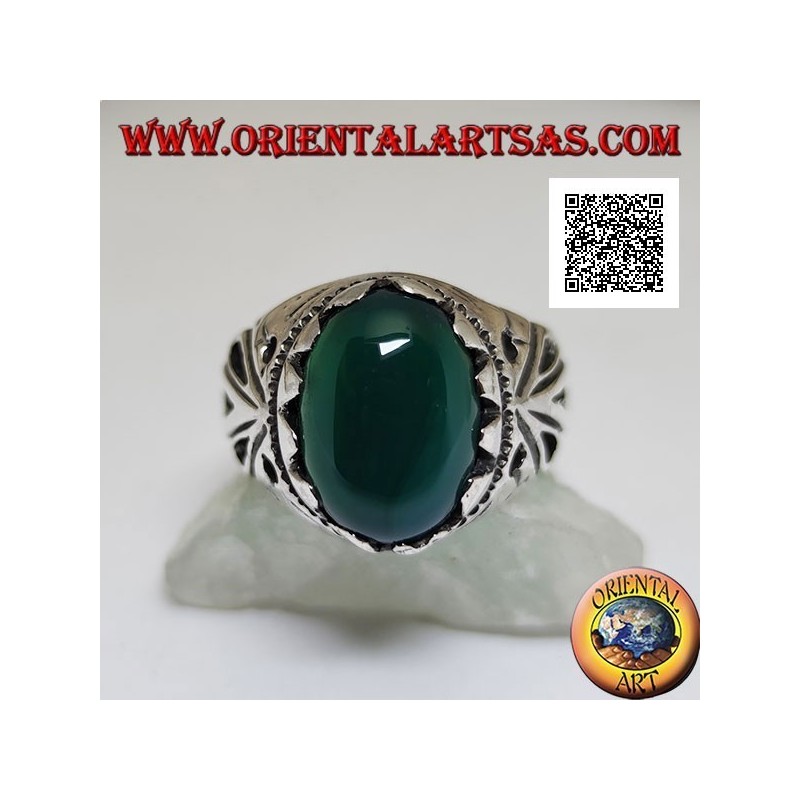 Silver ring with cabochon oval green agate set with openwork decoration on the sides