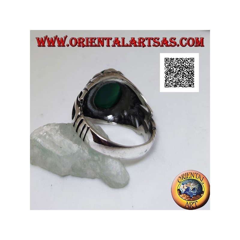 Silver ring with cabochon oval green agate set with openwork decoration on the sides