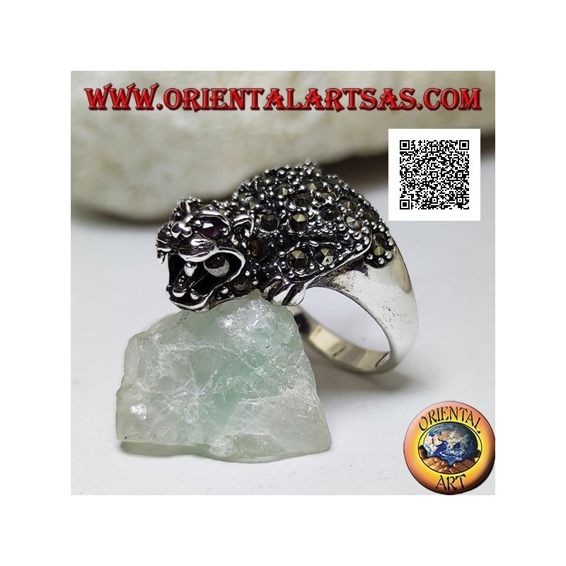 Silver ring in the shape of a tiger in an offensive position studded with marcasite all over the body