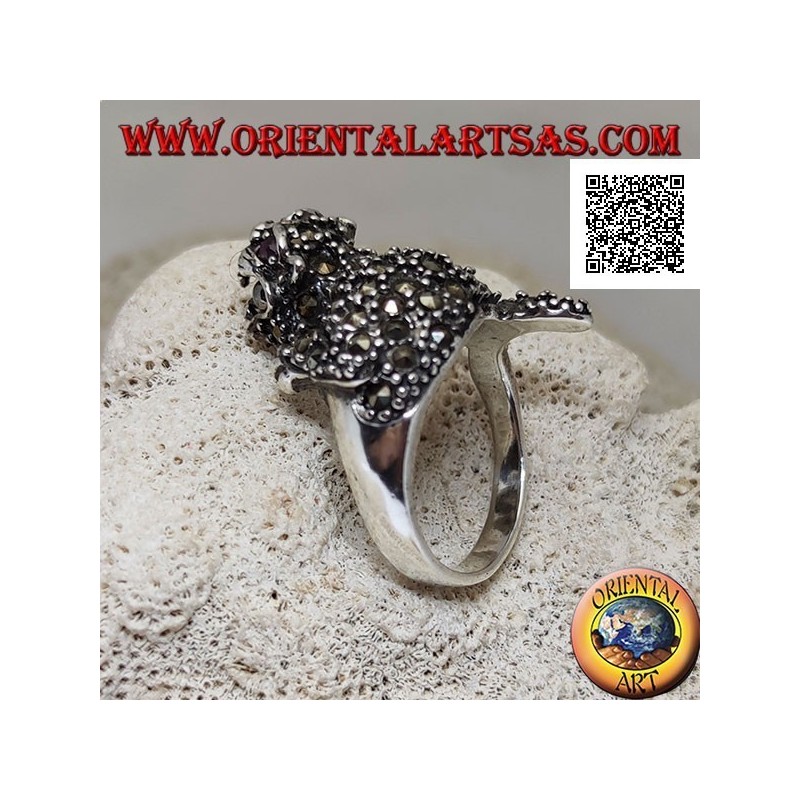 Silver ring in the shape of a tiger in an offensive position studded with marcasite all over the body