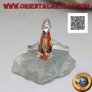 Solitaire silver ring with elongated droplet champagne zircon set