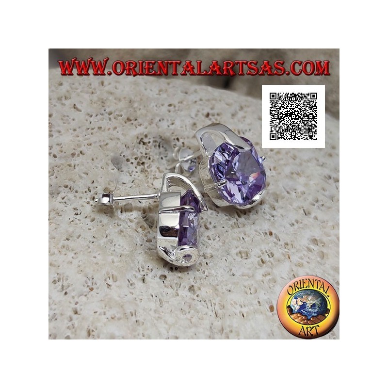 Boucles d'oreilles lobe argent avec zircon améthyste carré serti de 2 crochets épais et 2 fins