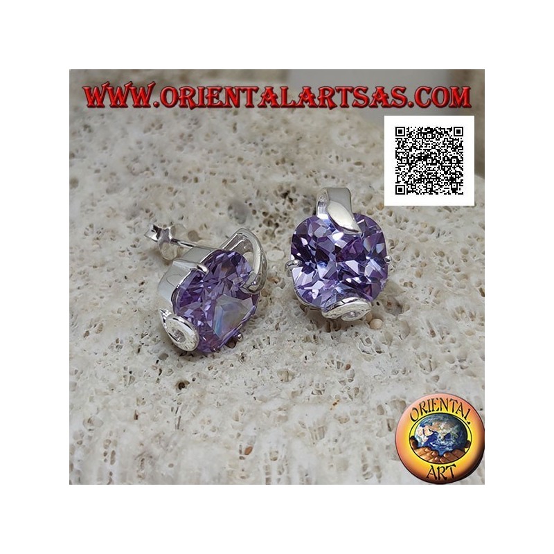 Boucles d'oreilles lobe argent avec zircon améthyste carré serti de 2 crochets épais et 2 fins