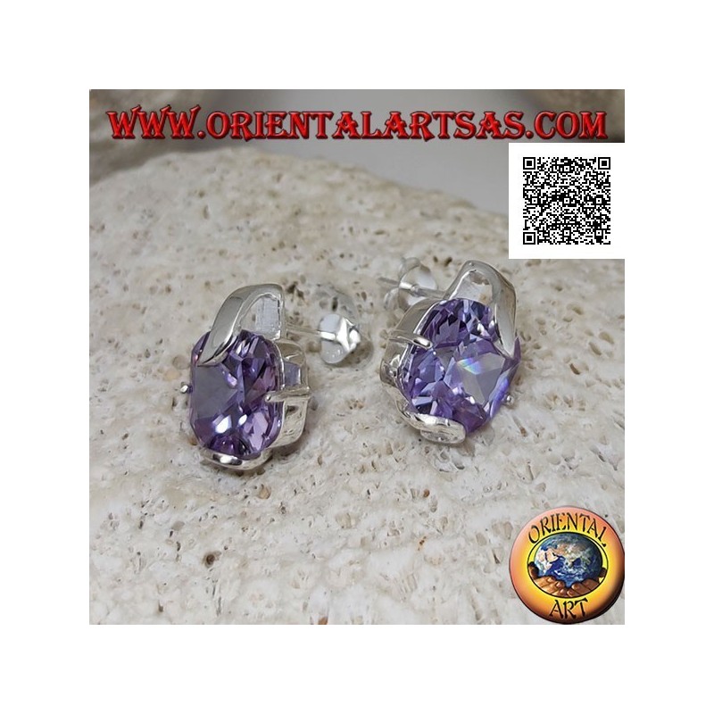 Silver lobe earrings with square amethyst zircon set with 2 thick and 2 thin hooks
