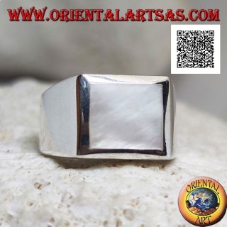 Silver ring with square mother-of-pearl flush with a thick edge on a smooth setting
