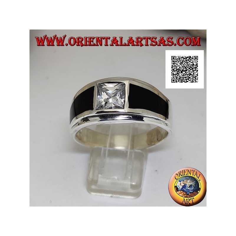 Silberring mit weißem quadratischem Zirkon und Onyx-Trapezoiden an den Seiten