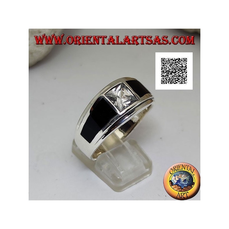 Bague en argent avec zircon carré blanc et trapèzes onyx sur les côtés