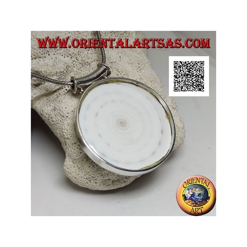 Pendentif en argent avec grand gastéropode rond sur cadre latéral lisse et crochet tubulaire