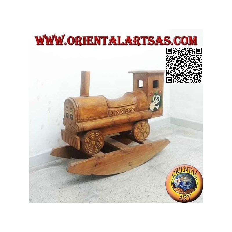 Trenino a dondolo con panda en legno di Suar (massello), dipinto a mano