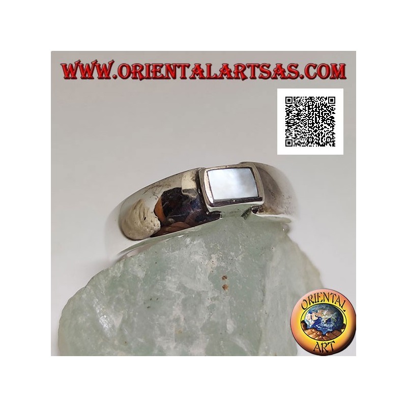 Silver ring with rectangular mother of pearl flush with the joint edge of a smooth band