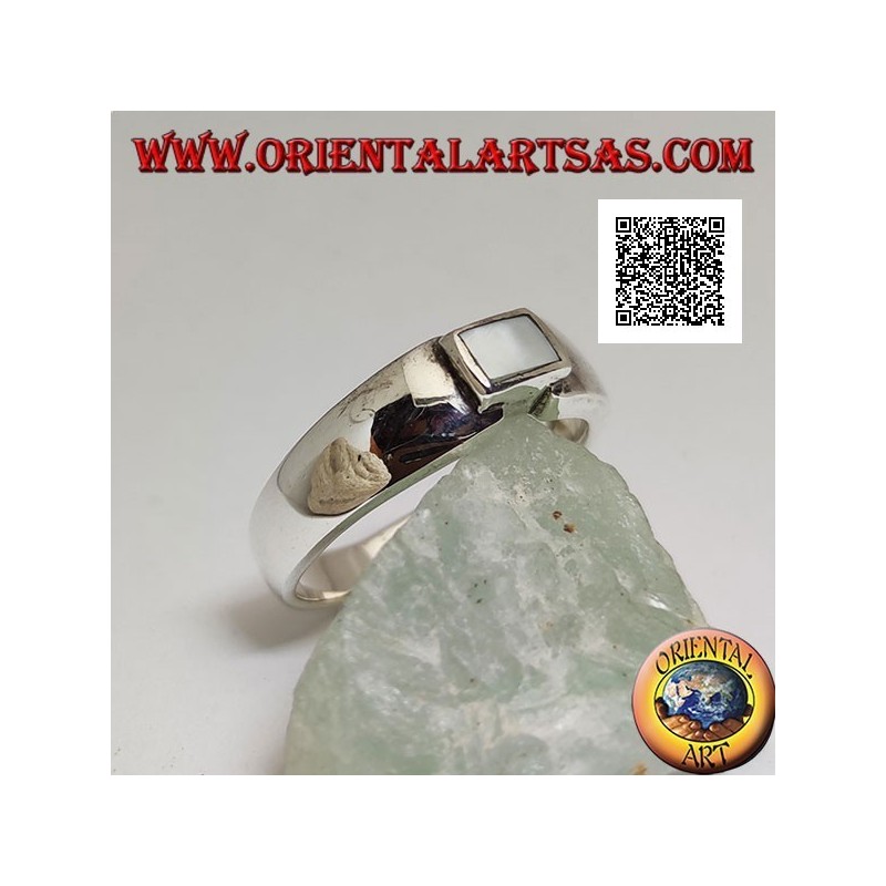 Silver ring with rectangular mother of pearl flush with the joint edge of a smooth band