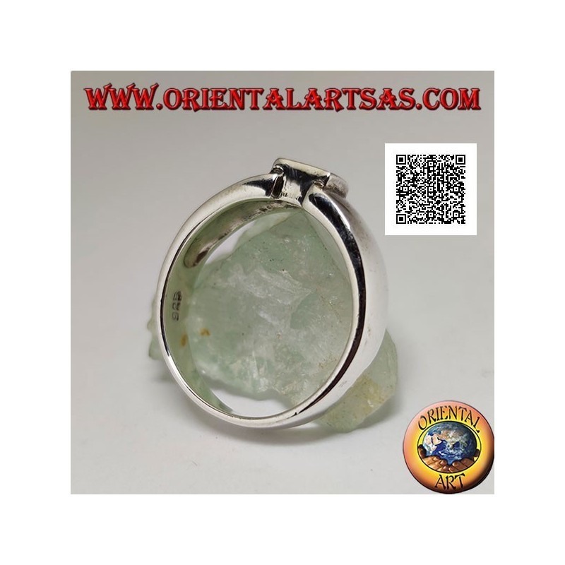 Silver ring with rectangular mother of pearl flush with the joint edge of a smooth band