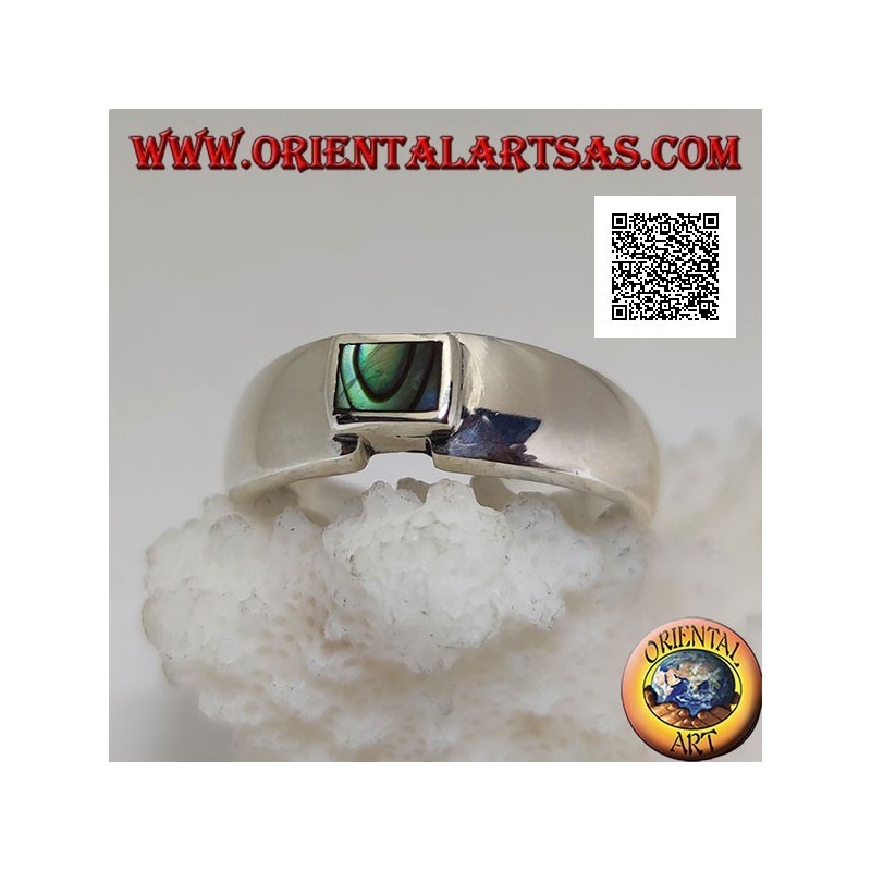 Silver ring with rectangular abalone (paua shell) flush with the joint edge of a smooth band
