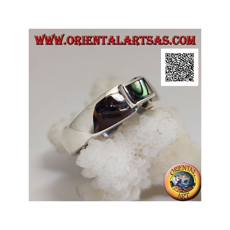 Anello in argento con abalone (paua shell) rettangolare a filo bordo a giuntura di una fascia liscia