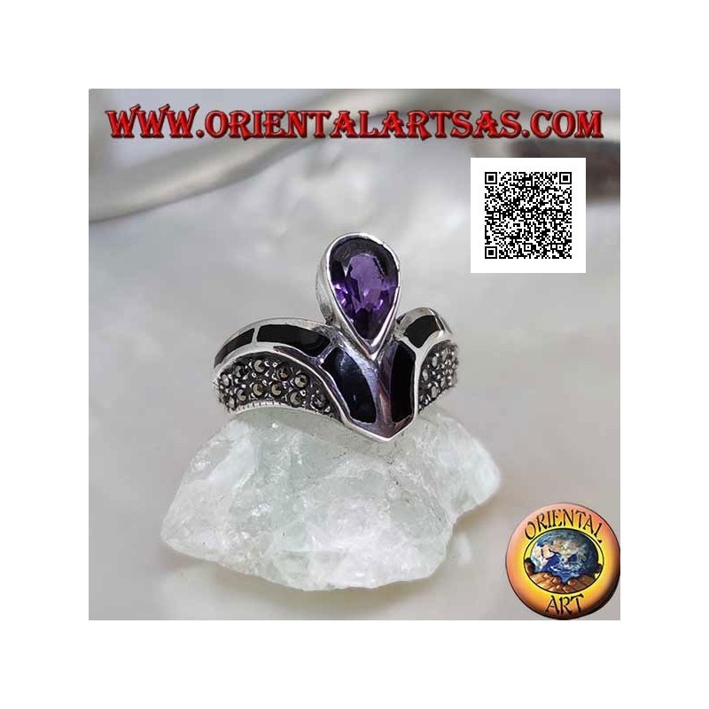 V-shaped silver ring studded with marcasite with onyx and natural amethyst decoration with central drop