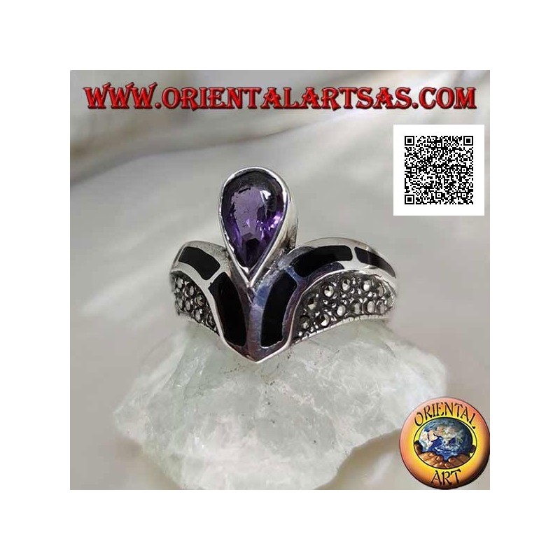 V-shaped silver ring studded with marcasite with onyx and natural amethyst decoration with central drop