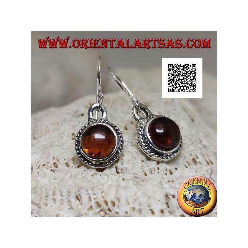 Silver pendant earrings with natural round cabochon amber surrounded by weaving