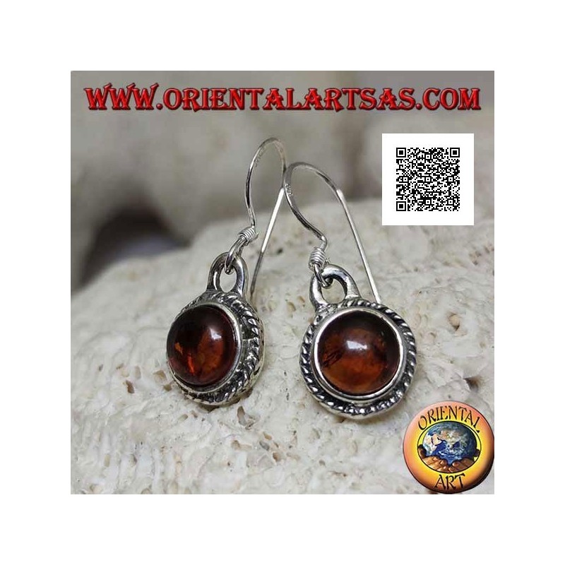 Boucles d'oreilles pendantes en argent avec cabochon rond naturel ambre entouré de tissage