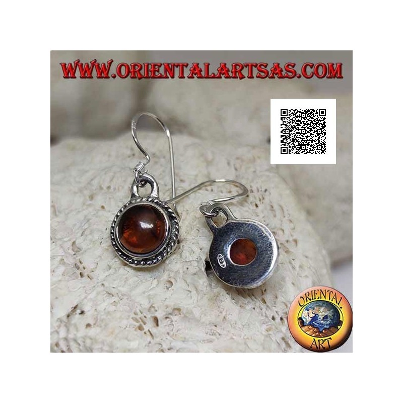 Silver pendant earrings with natural round cabochon amber surrounded by weaving