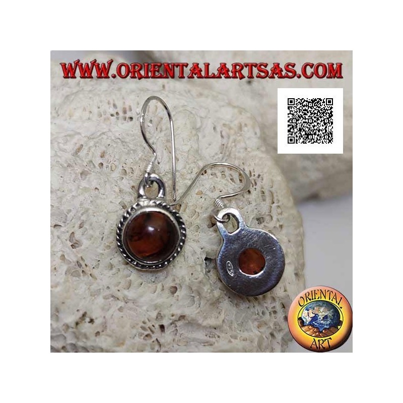 Boucles d'oreilles pendantes en argent avec cabochon rond naturel ambre entouré de tissage