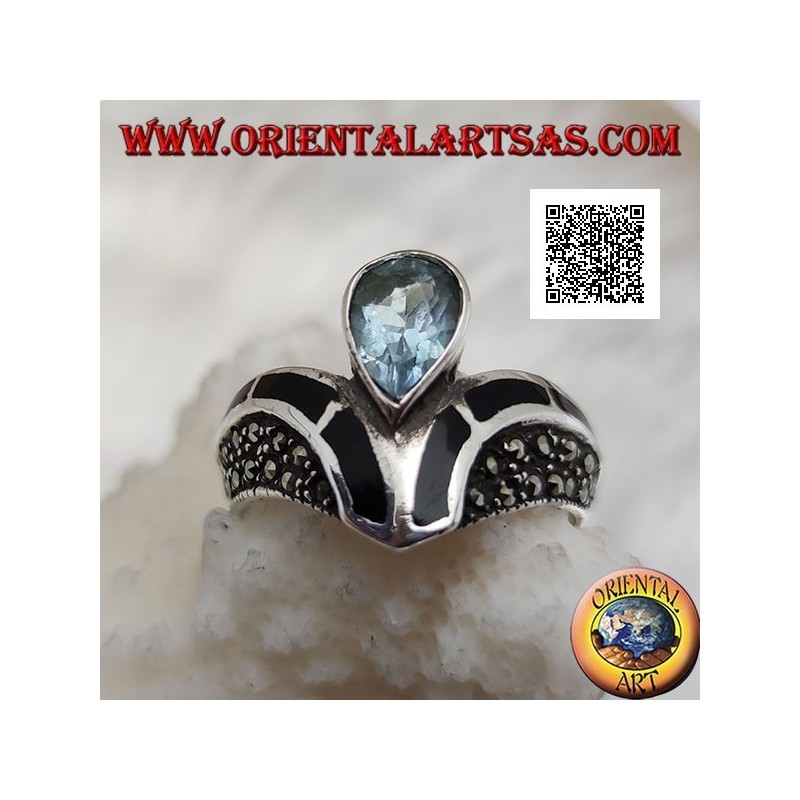 Bague en argent en forme de V parsemée de marcassite à décor de goutte centrale onyx et topaze