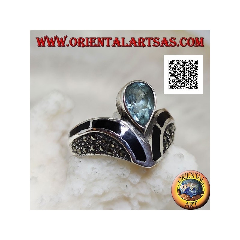 V-shaped silver ring studded with marcasite with central drop onyx and topaz decoration