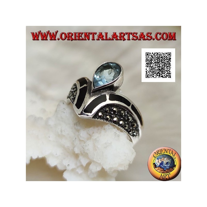 V-shaped silver ring studded with marcasite with central drop onyx and topaz decoration