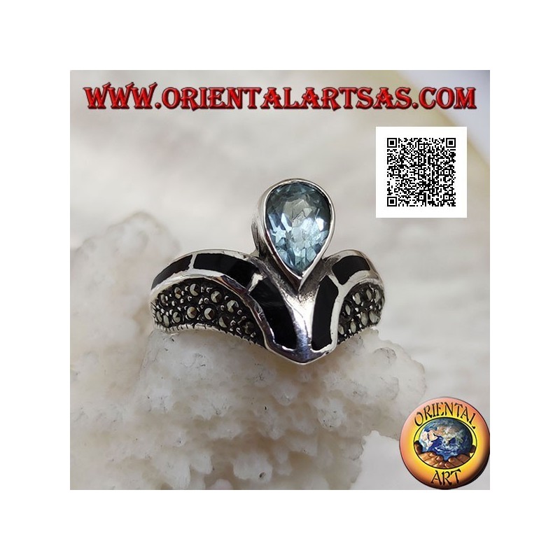 V-shaped silver ring studded with marcasite with central drop onyx and topaz decoration