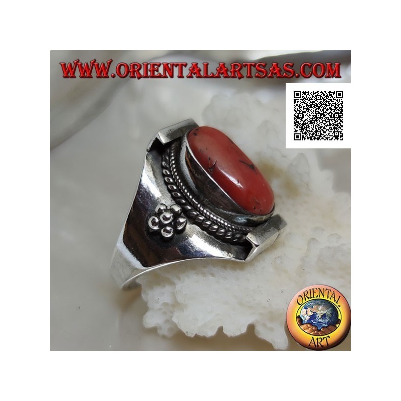 Silver ring with oval Tibetan antique coral in Nepalese setting and balls on the sides (18)