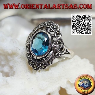 Silver cloud ring with oval blue topaz and marcasite
