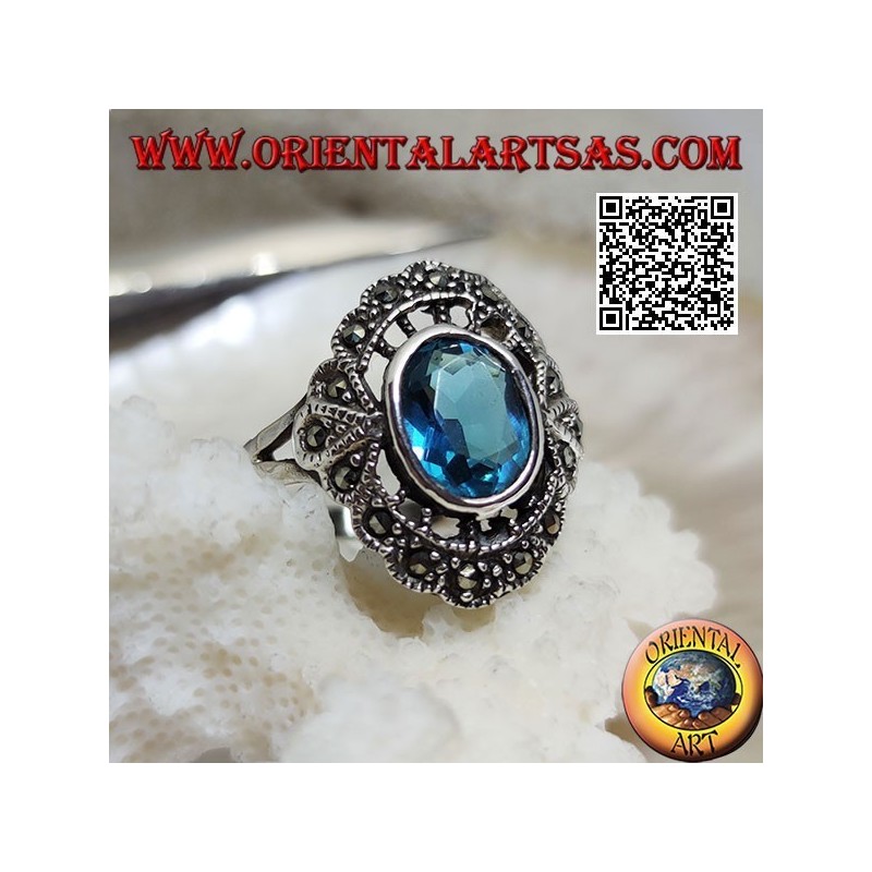 Anello in argento a nuvoletta con topazio azzurro ovale e marcassite