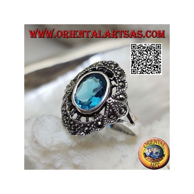 Silver cloud ring with oval blue topaz and marcasite