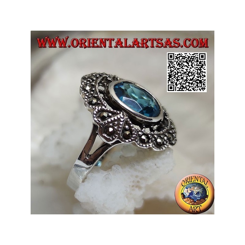 Bague nuage en argent avec topaze bleue ovale et marcassite