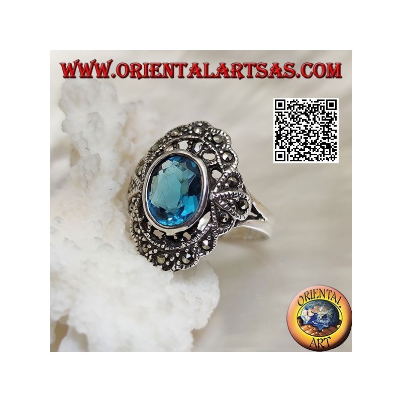 Bague nuage en argent avec topaze bleue ovale et marcassite