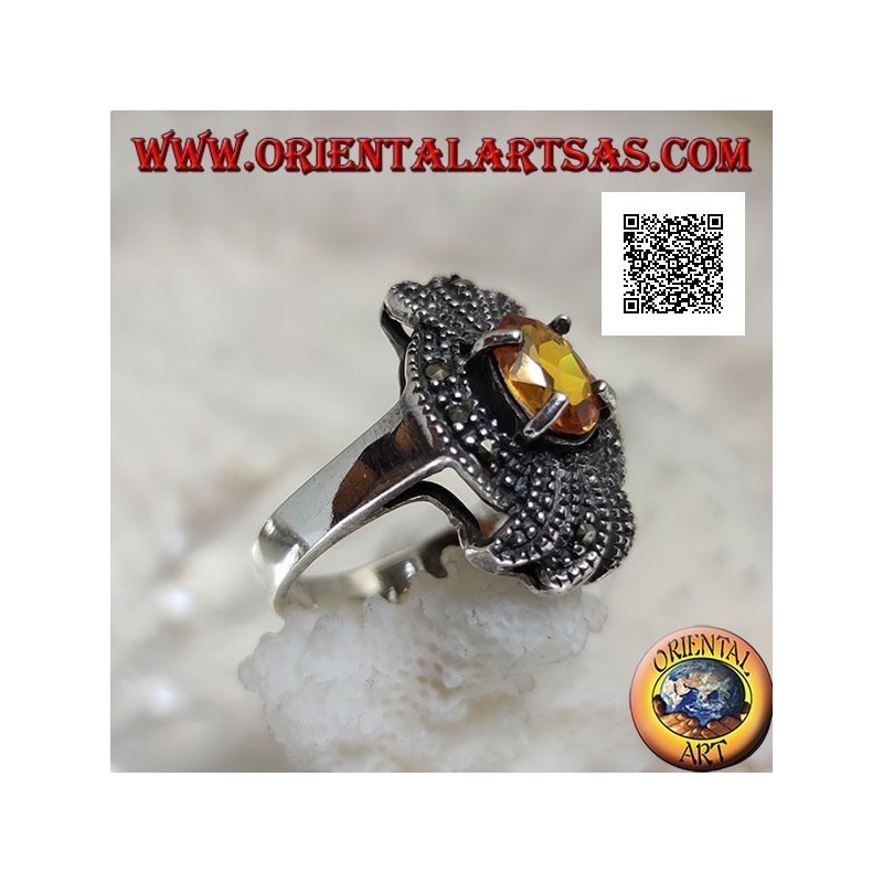 Bague en argent, noeud en marcassite avec un ensemble topaze jaune ovale naturelle