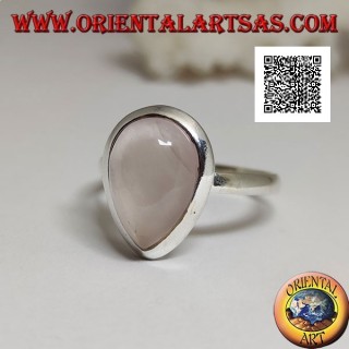 Bague en argent avec quartz rose goutte cabochon sur un sertissage solitaire lisse