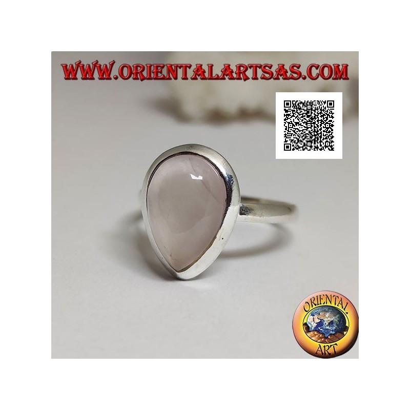 Anello in argento con quarzo rosa a goccia cabochon su montatura liscia a solitario