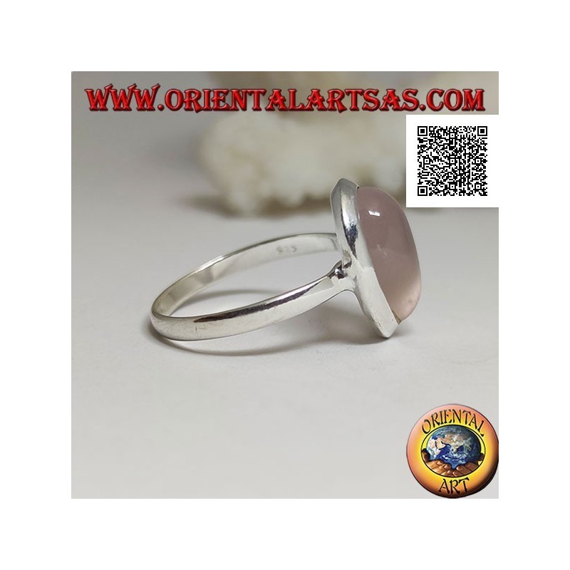 Anello in argento con quarzo rosa a goccia cabochon su montatura liscia a solitario