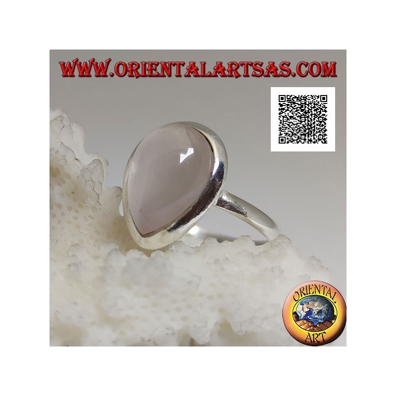 Anello in argento con quarzo rosa a goccia cabochon su montatura liscia a solitario